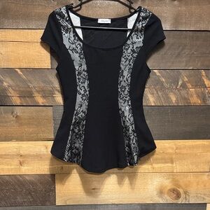 Perseption Black Short-Sleeve Scoop Neck Top with Gray Lace Panels